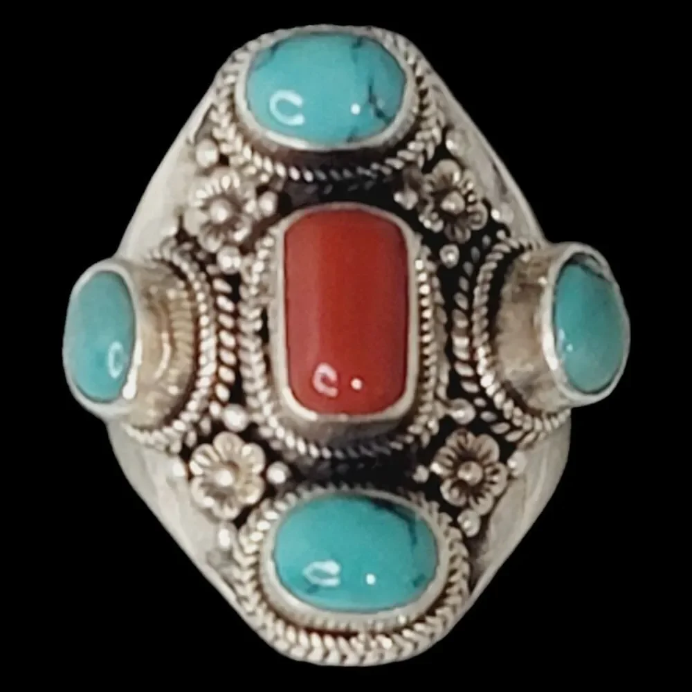 Heavy Native‎ American Turquoise Coral Sterling Silver Ring 9 Adjustable 13.27g